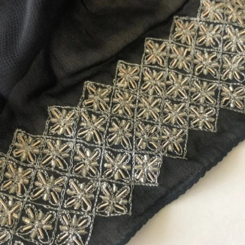 Scarf Black Sheer Wrap Beaded Ends New